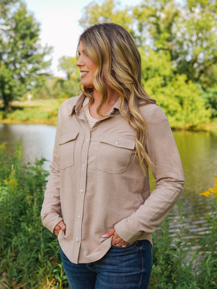 Thread and Supply Rylan Top | Neutral Taupe Button Down Shirt with Flap Front Pockets