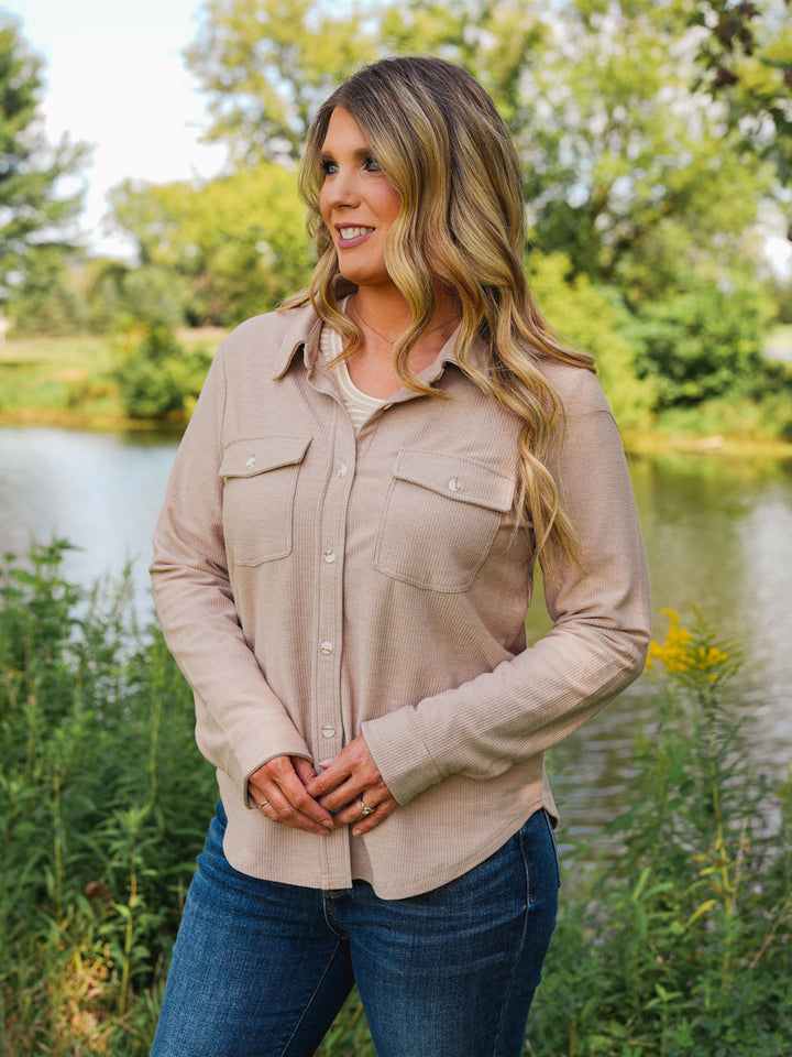 Thread and Supply Rylan Top | Neutral Taupe Button Down Shirt with Flap Front Pockets