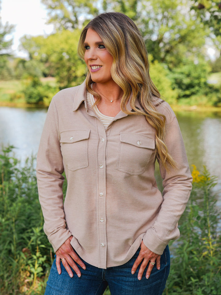 Thread and Supply Rylan Top | Neutral Taupe Button Down Shirt with Flap Front Pockets