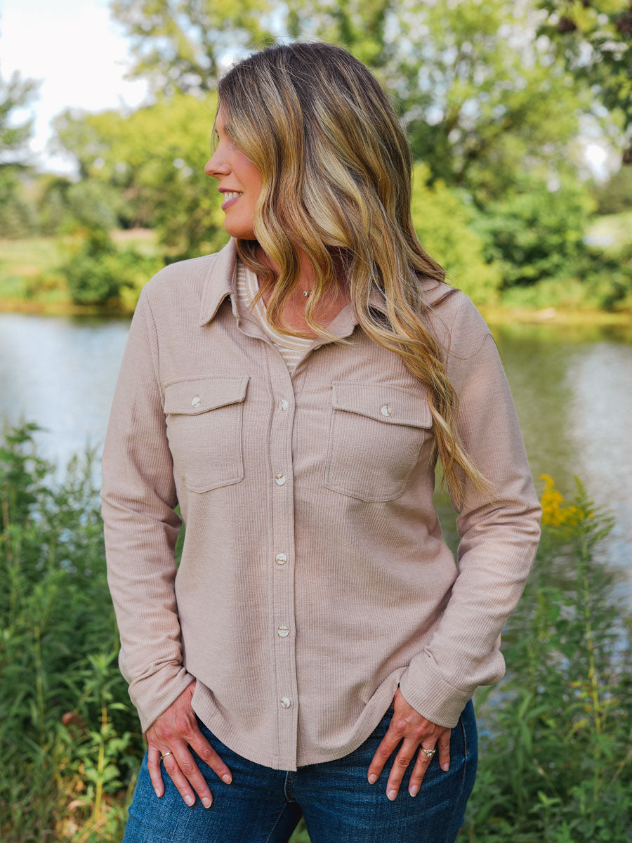 Thread and Supply Rylan Top | Neutral Taupe Button Down Shirt with Flap Front Pockets