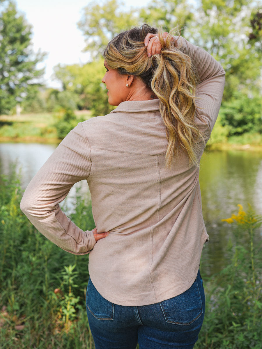 Thread and Supply Rylan Top | Neutral Taupe Button Down Shirt with Flap Front Pockets