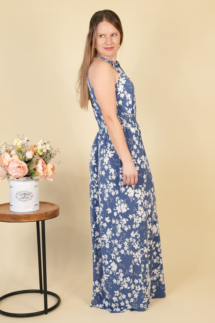 Women's Blue Halter Floral Maxi Dress