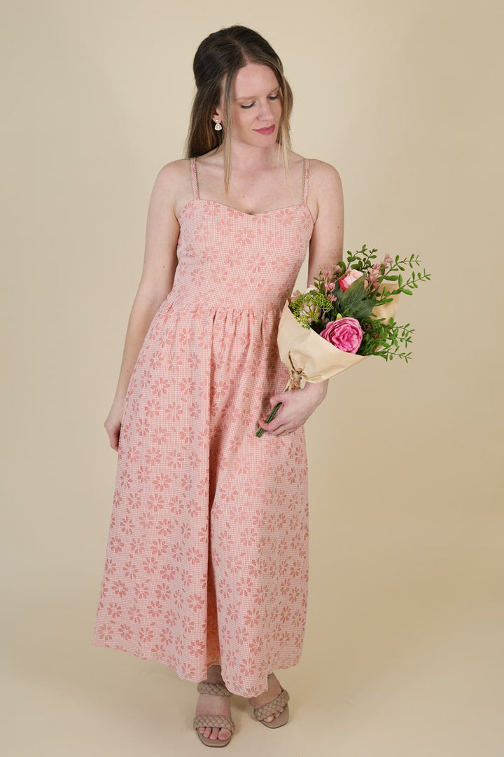 Women's Lasercut Floral Gingham Midi Dress in Pink