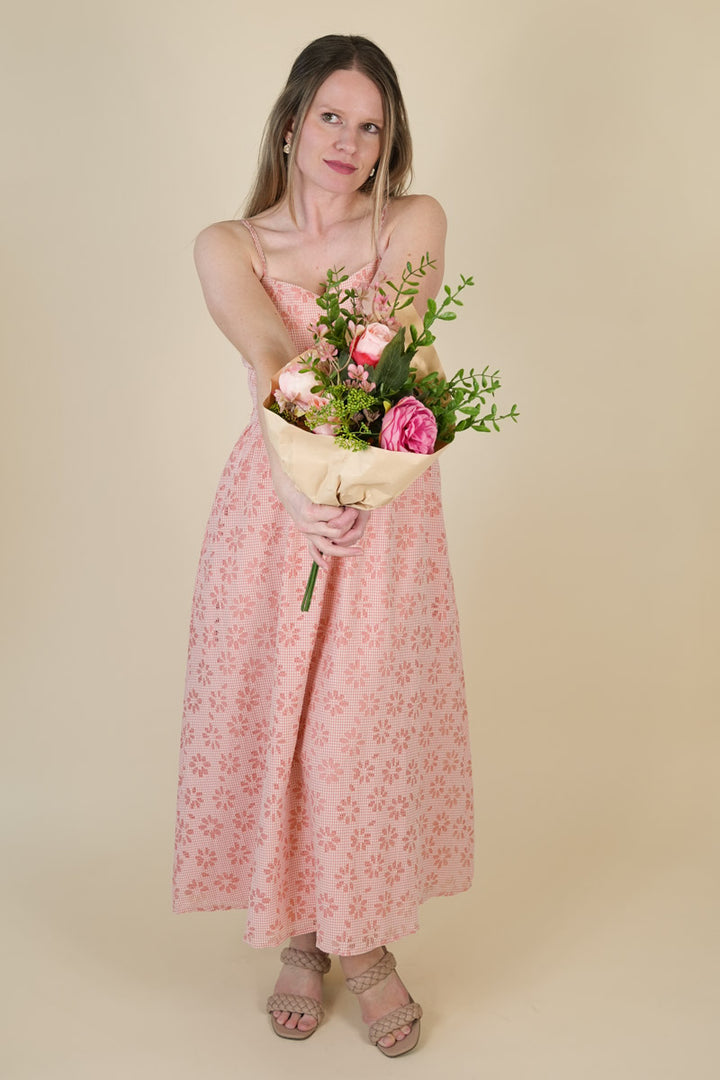 Women's Lasercut Floral Gingham Midi Dress in Pink
