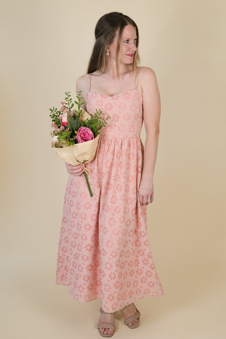 Women's Lasercut Floral Gingham Midi Dress in Pink