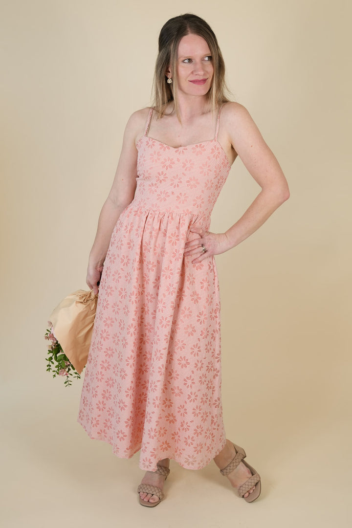 Women's Lasercut Floral Gingham Midi Dress in Pink