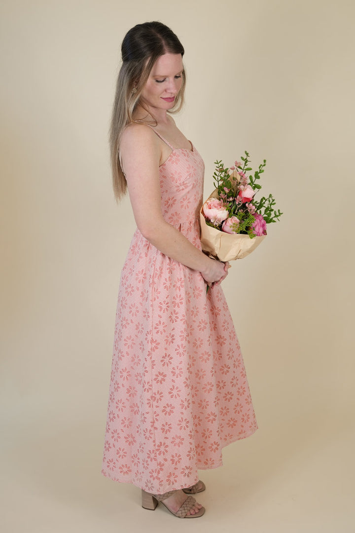 Women's Lasercut Floral Gingham Midi Dress in Pink