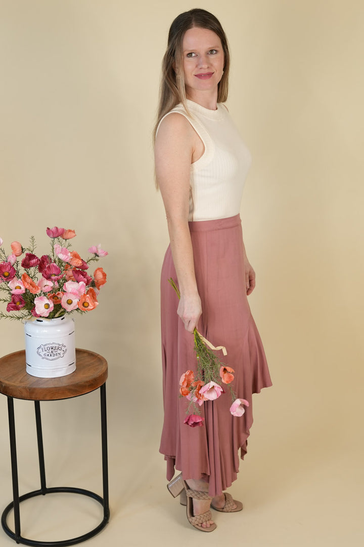 Women's Asymmetrical High Low Midi Skirt in Mauve