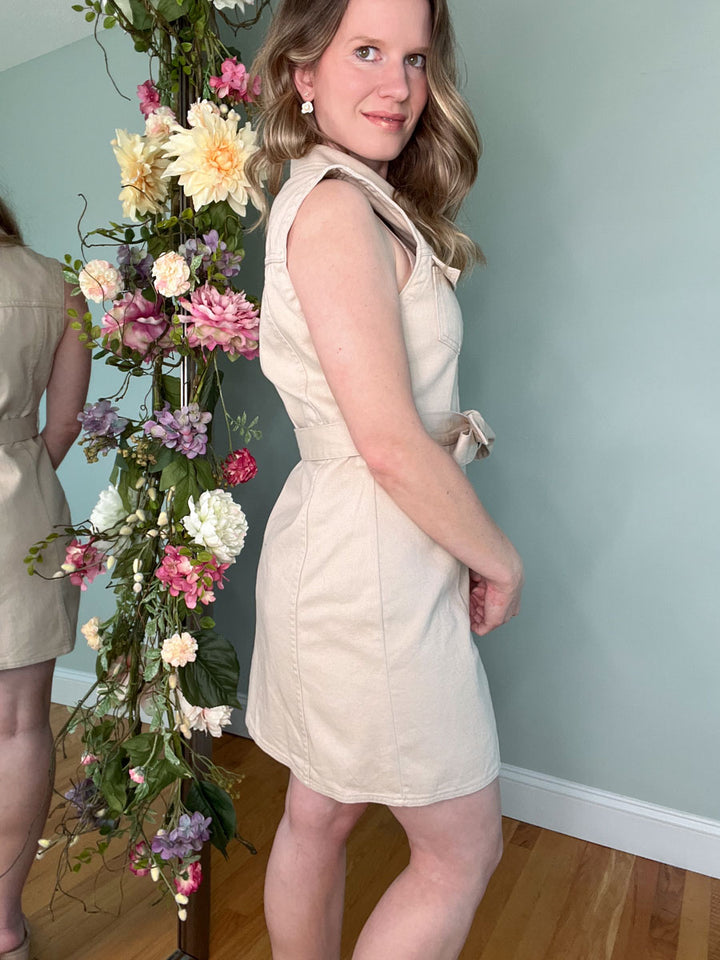 Belted Button Down Denim Dress in Taupe
