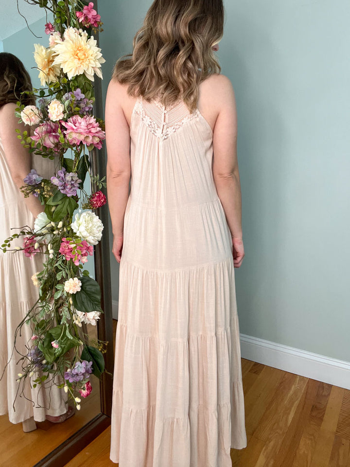 Natural Tiered Maxi Dress with Lace Halter Neck