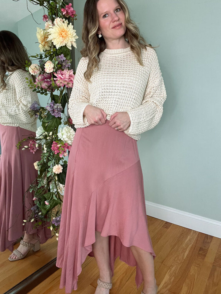 Rose Pink Asymmetrical High Low Midi Skirt with Ruffle Hem