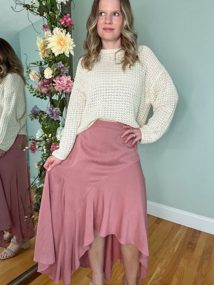 Rose Pink Asymmetrical High Low Midi Skirt with Ruffle Hem