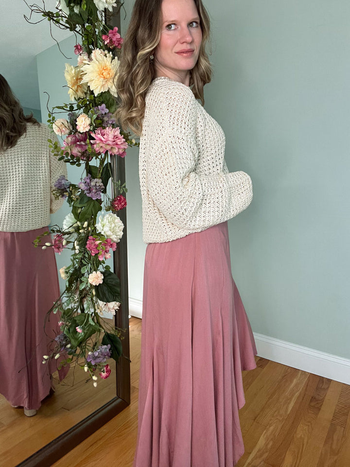 Rose Pink Asymmetrical High Low Midi Skirt with Ruffle Hem