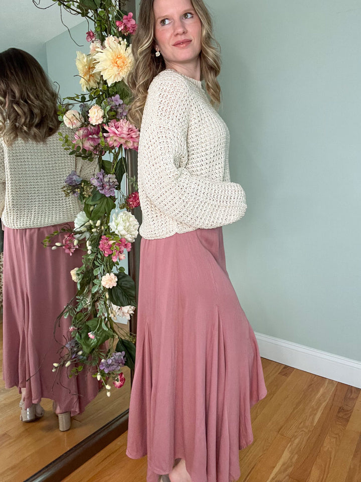 Rose Pink Asymmetrical High Low Midi Skirt with Ruffle Hem