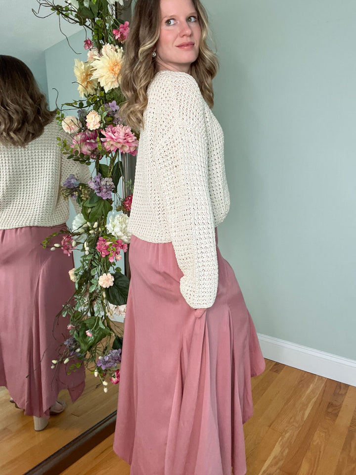 Rose Pink Asymmetrical High Low Midi Skirt with Ruffle Hem