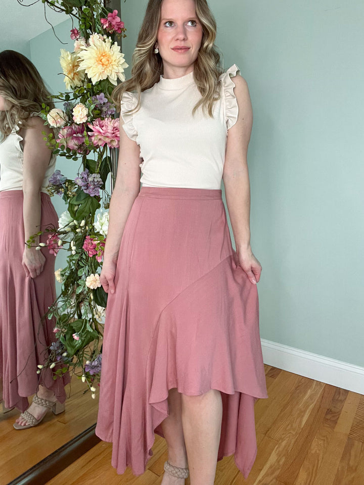 Rose Pink Asymmetrical High Low Midi Skirt with Ruffle Hem