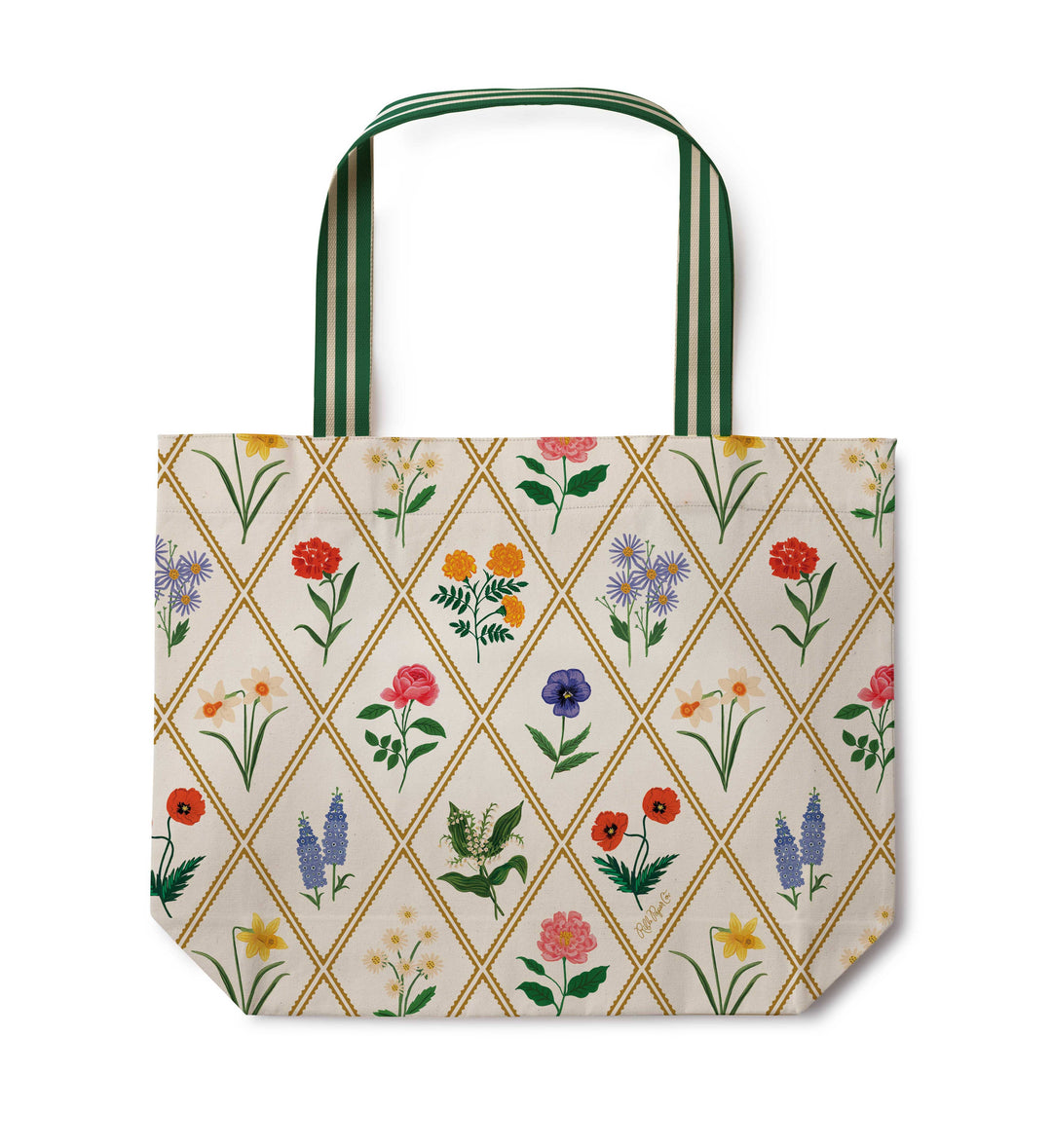 Tote bag with floral pattern and green handles on a white background