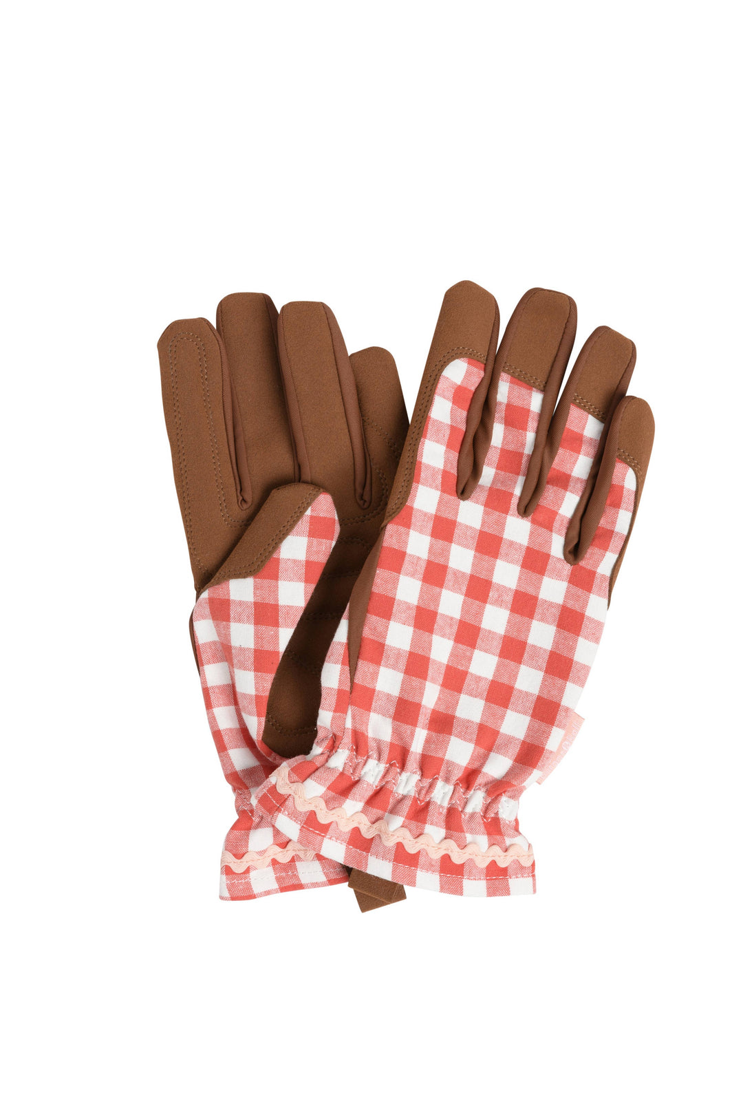 Pair of gardening gloves with brown leather and red and white checkered cuffs on a white background