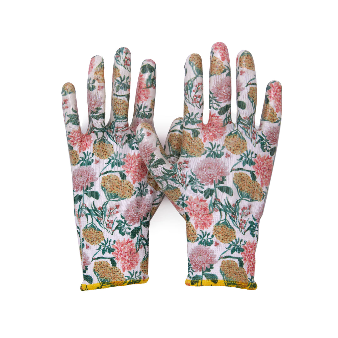Nitrile coated gardening gloves with pink and yellow dahlia floral print