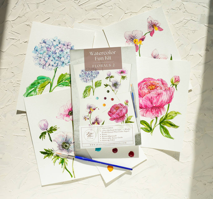 Watercolor fun kit with floral designs on a textured surface