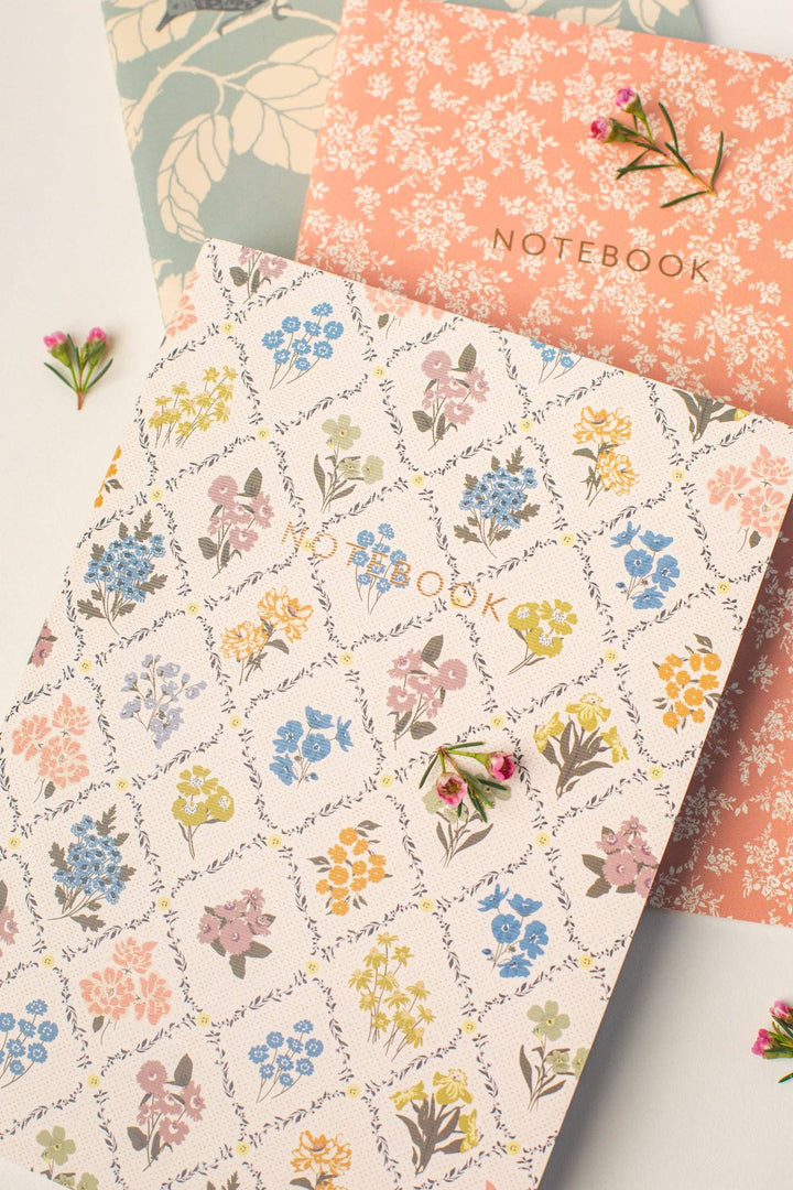 Floral patterned notebook with a pink cover featuring flowers on a light background
