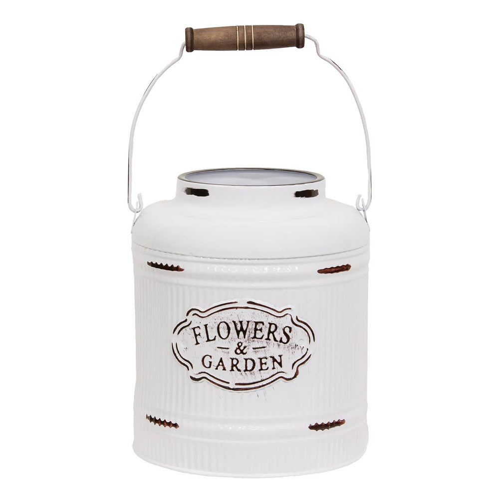 Distressed white metal flowers and garden bucket with handle