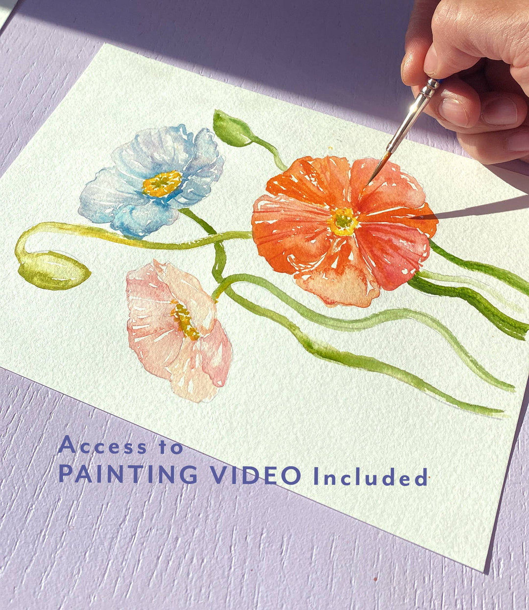 Hand painting flowers on a piece of paper with text about painting video access.