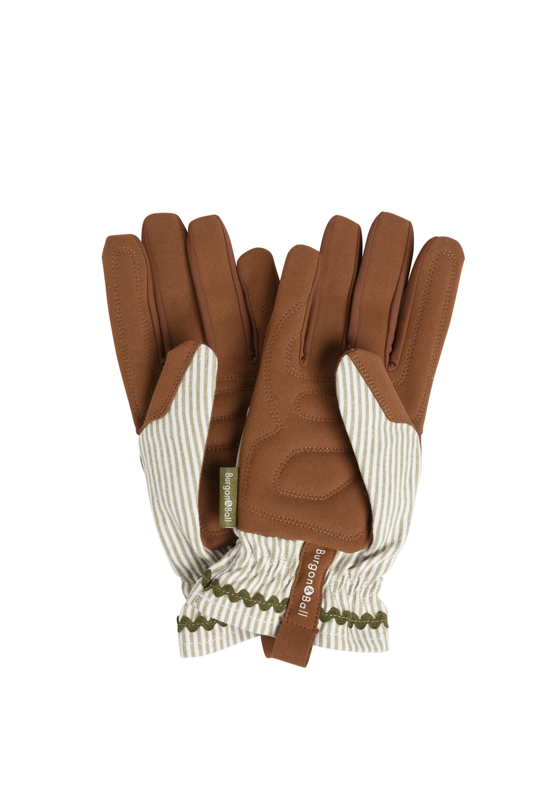 Pair of olive green striped women's gardening gloves on a white background