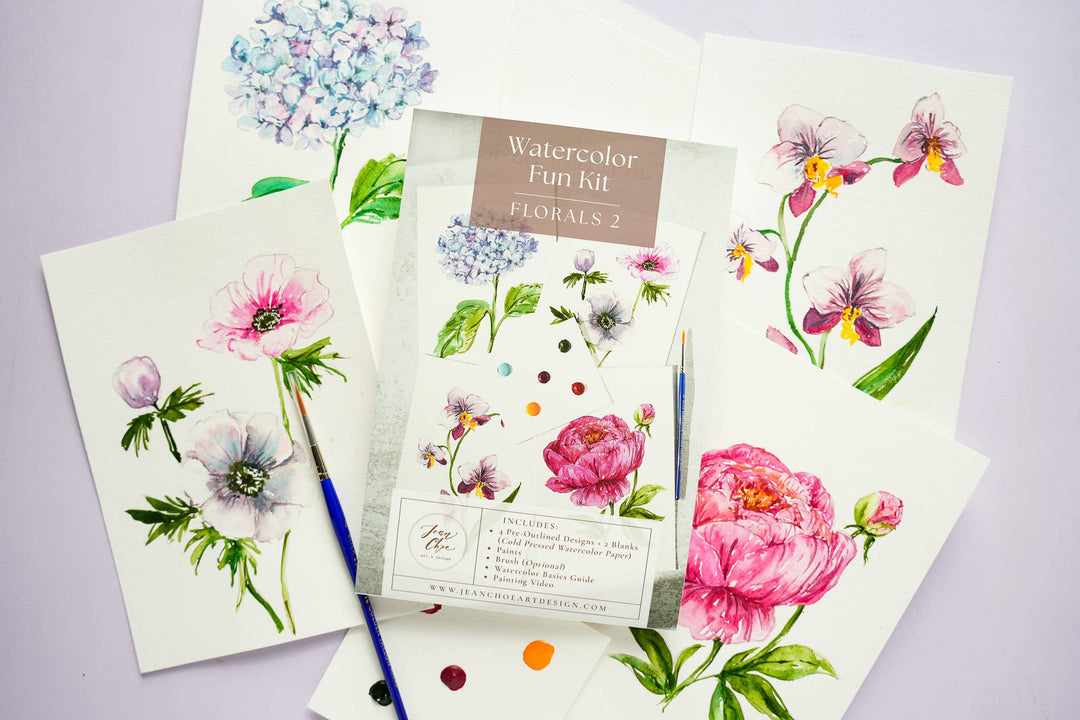 Watercolor floral cards with a brush and 'Watercolor Fun Kit' on a light purple background