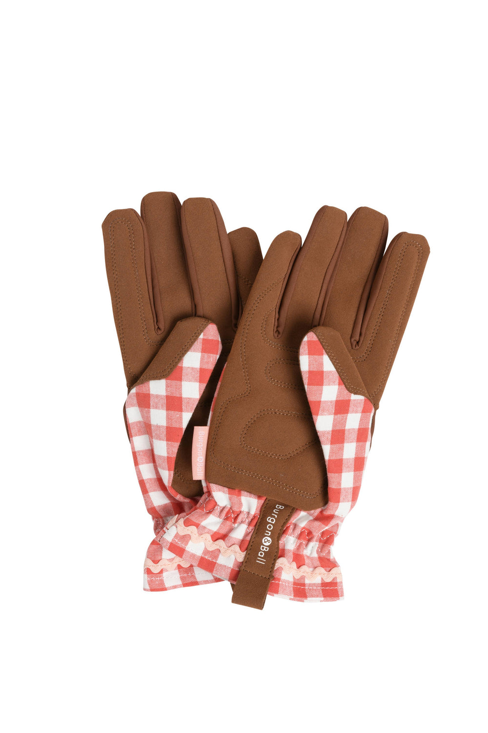 Gardening gloves with red and white checkered cuffs on a white background