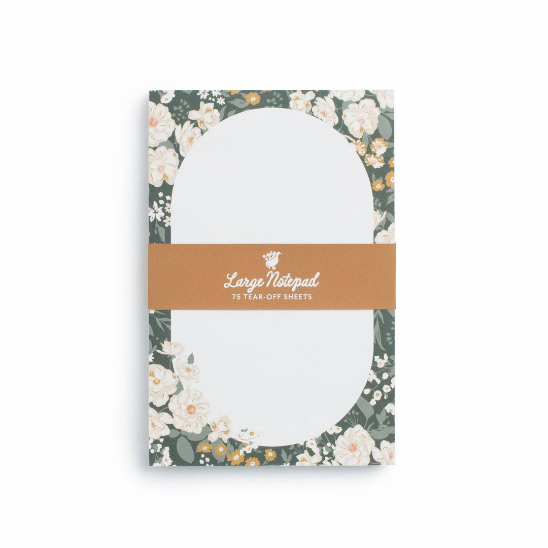 Floral notepad with a brown band and 'Large Notepad' text on a white background