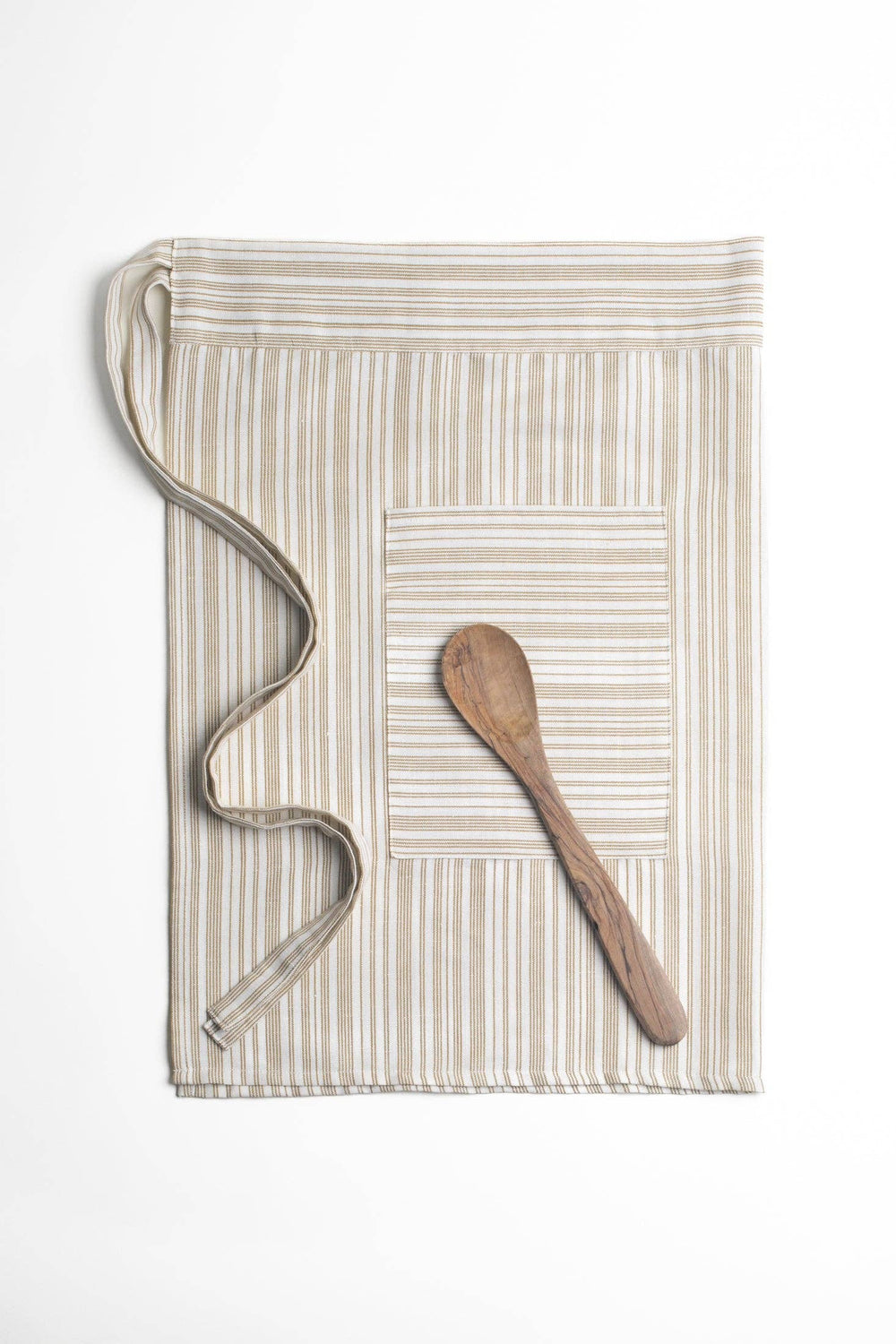 Striped green garden half apron with wooden spoon on a white background