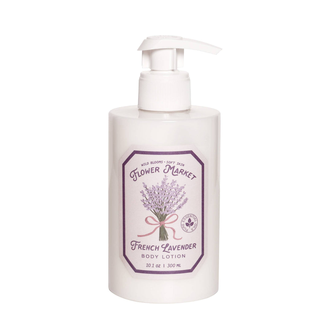 Flower Market French Lavender body lotion bottle on a white background