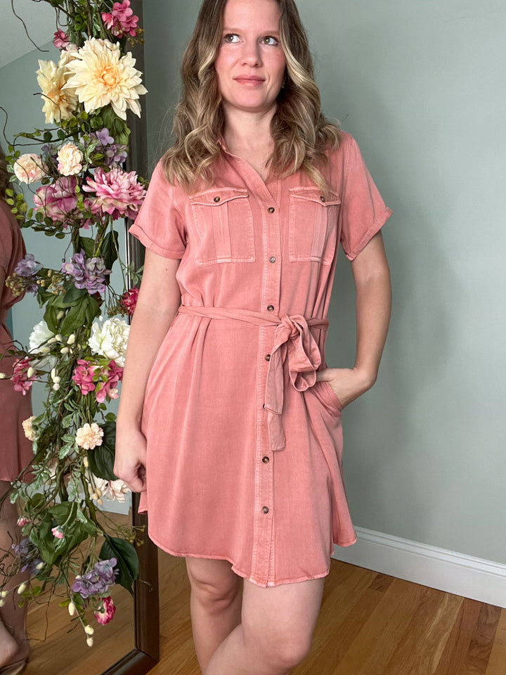 Mauve button down shirt dress with waist tie