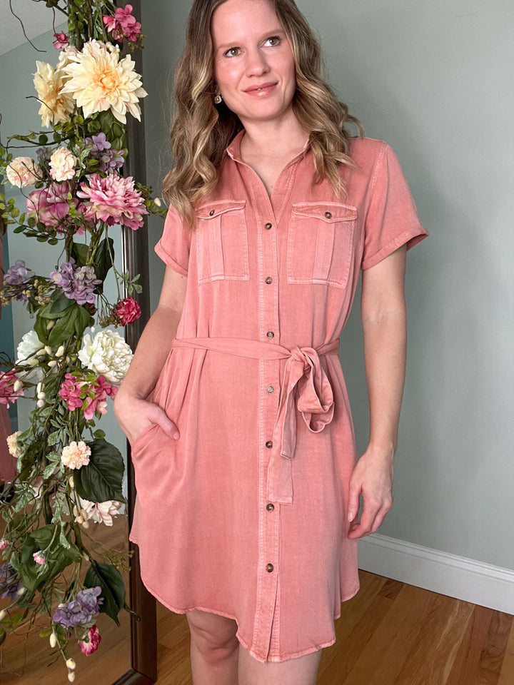 Mauve button down shirt dress with waist tie