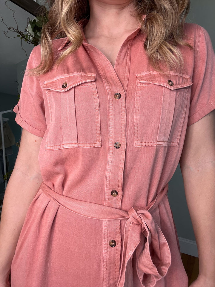 Mauve button down shirt dress with waist tie