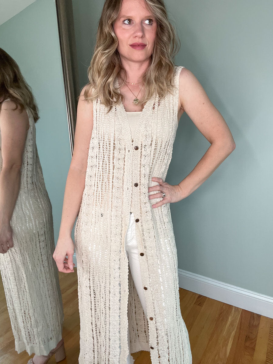 Long button up sleeveless crochet cardigan in natural