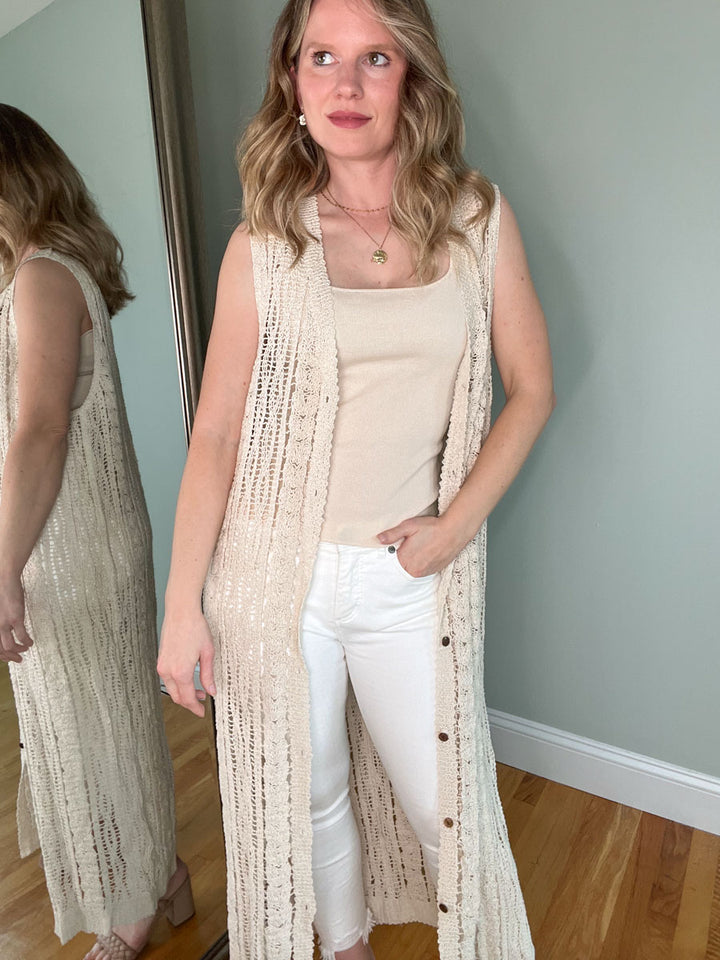 Long button up sleeveless crochet cardigan in natural