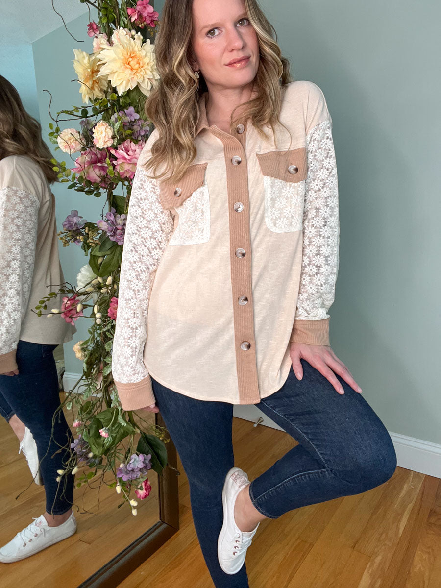 Floral Lace Sleeve Mixed Media Shacket in Taupe