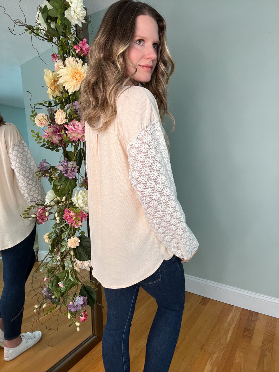 Floral Lace Sleeve Mixed Media Shacket in Taupe