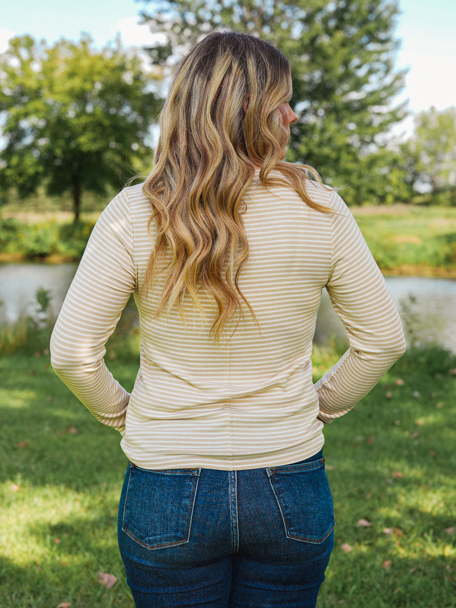 Thread and Supply Lauren Top - Wood Ash/White | Striped Long Sleeve Scoop Neck Shirt