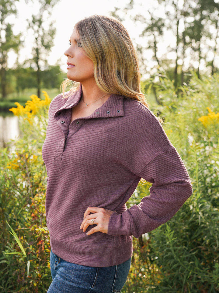 Thread and Supply Merrick Top - Eggplant Heather | Quarter Snap Pullover in Plum