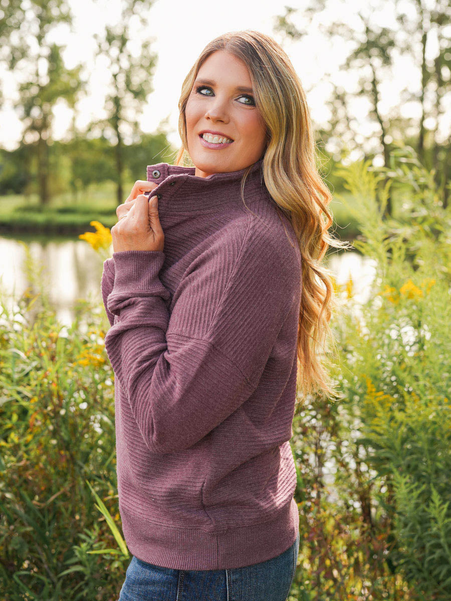 Thread and Supply Merrick Top - Eggplant Heather | Quarter Snap Pullover in Plum