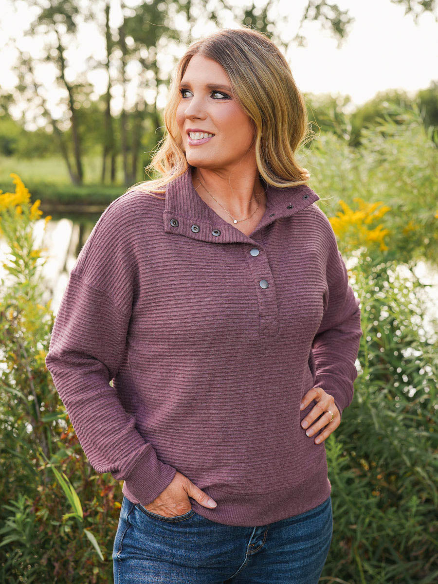 Thread and Supply Merrick Top - Eggplant Heather | Quarter Snap Pullover in Plum