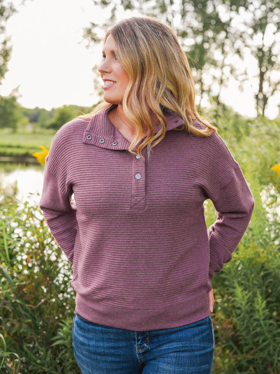 Thread and Supply Merrick Top - Eggplant Heather | Quarter Snap Pullover in Plum