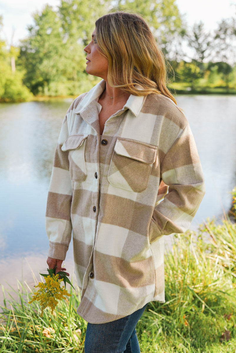 Khaki and Cream Long Buffalo Plaid Shacket