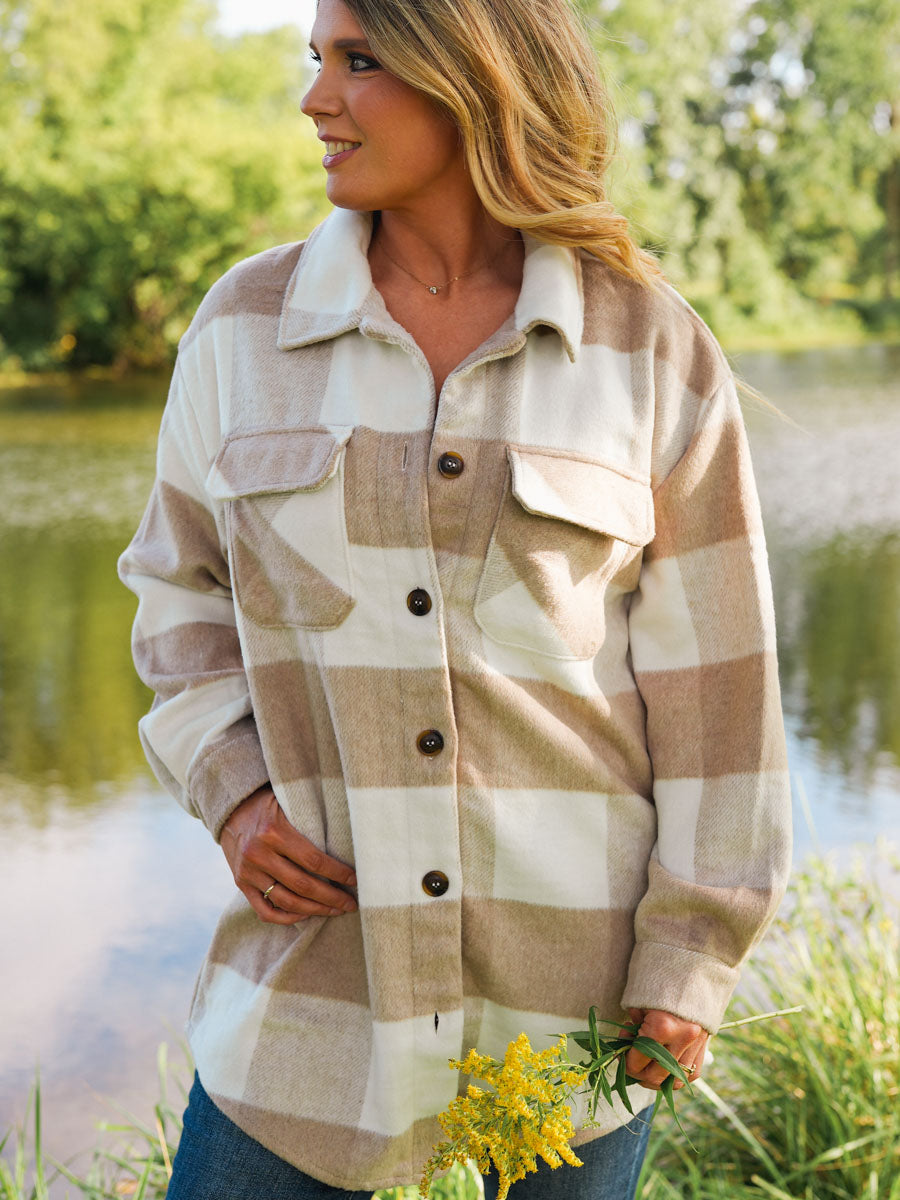 Khaki and Cream Long Buffalo Plaid Shacket