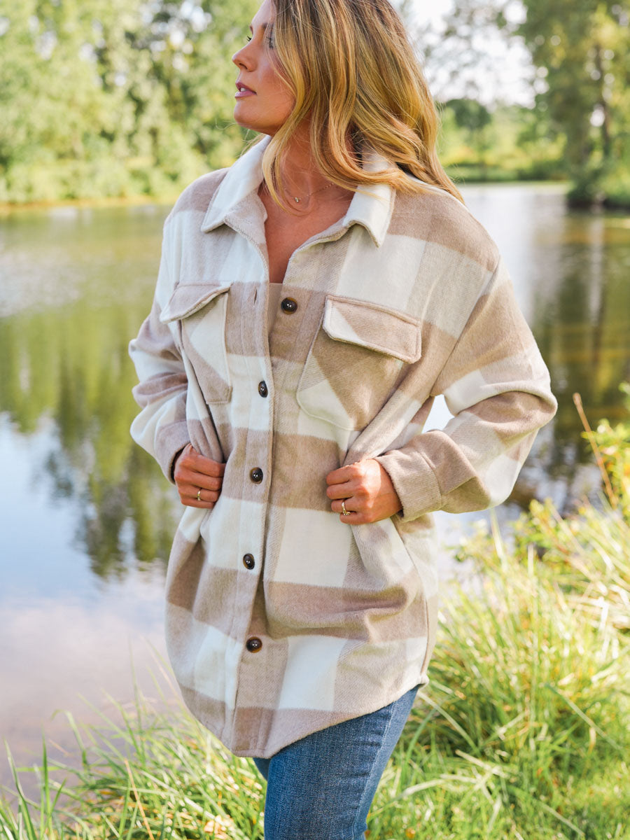 Khaki and Cream Long Buffalo Plaid Shacket