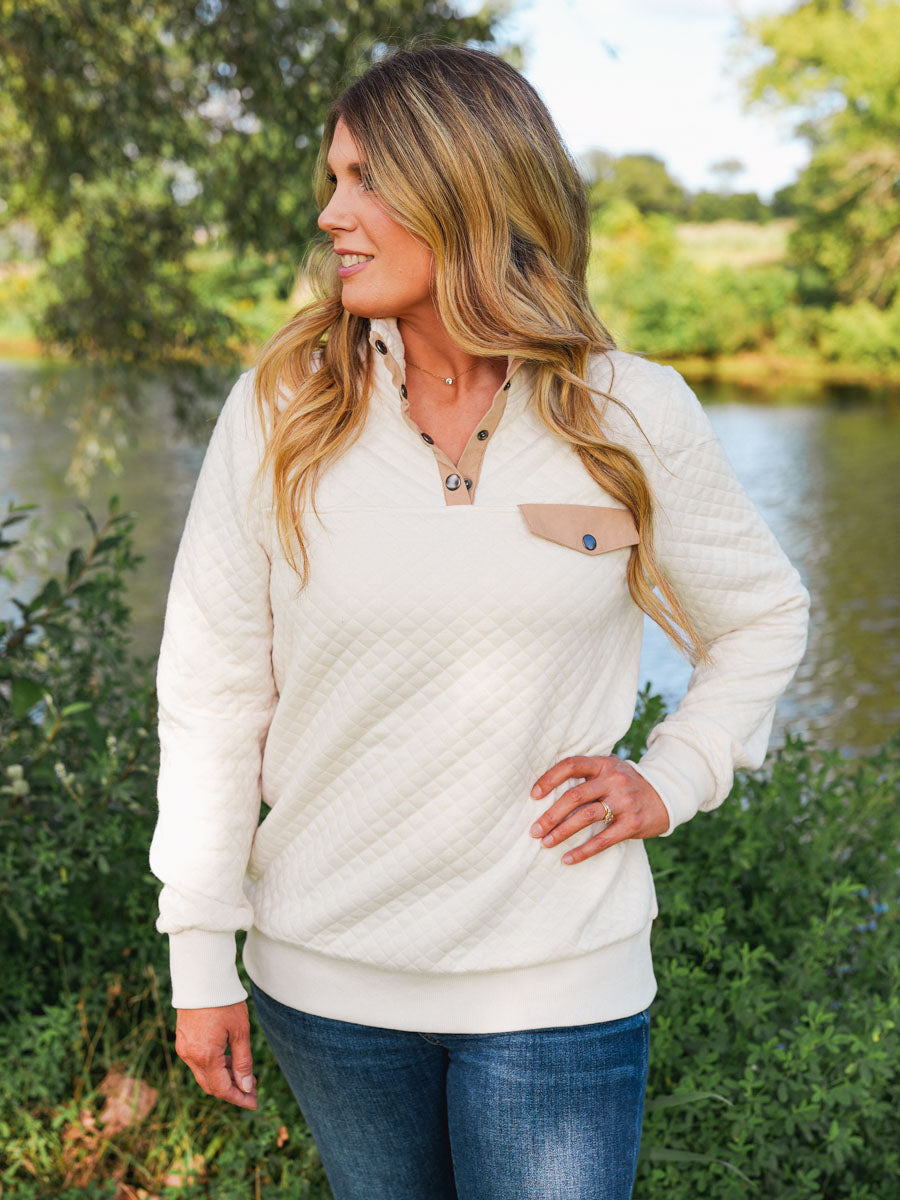 Ivory Quarter Snap Quilted Pullover