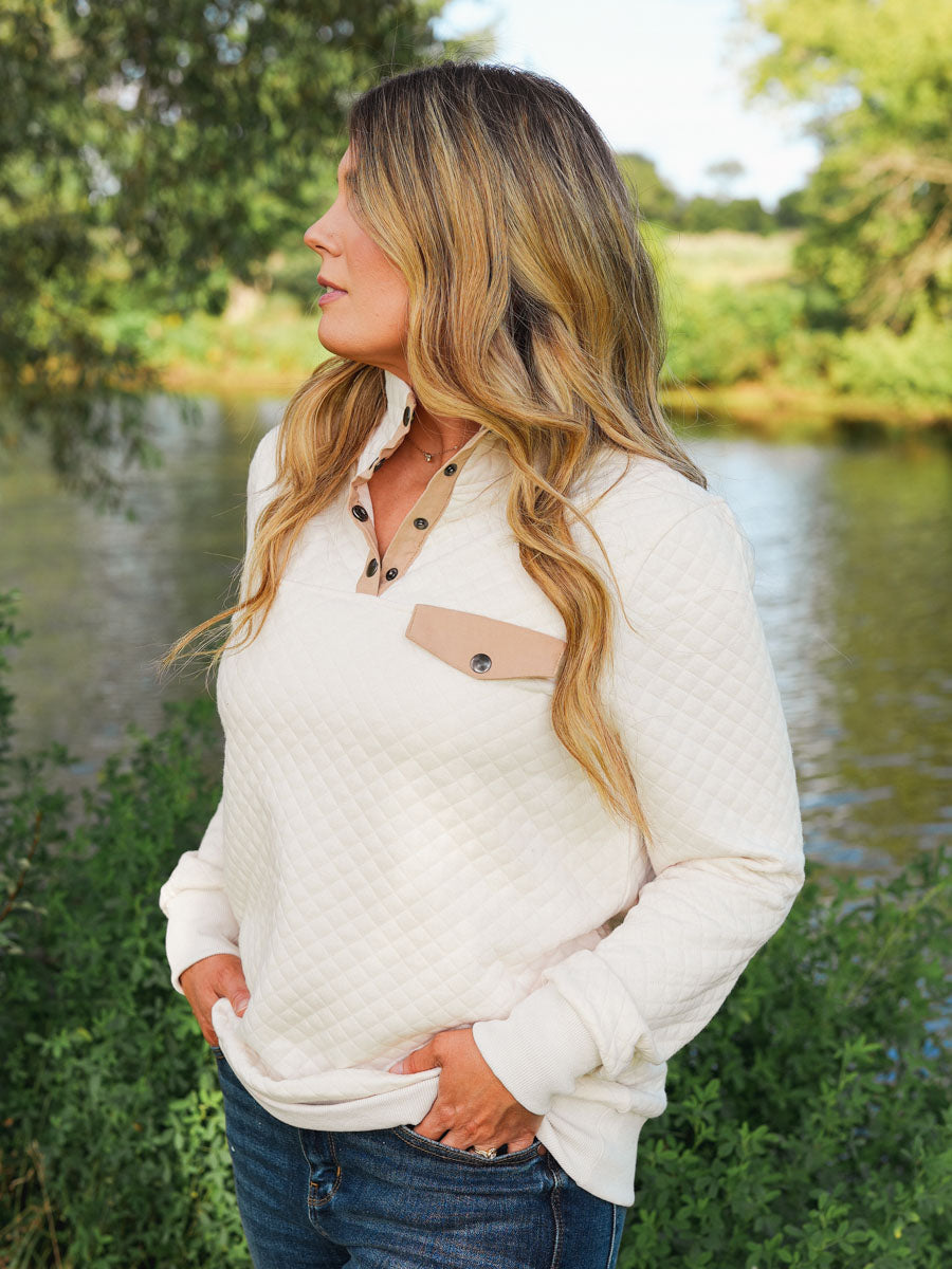 Ivory Quarter Snap Quilted Pullover